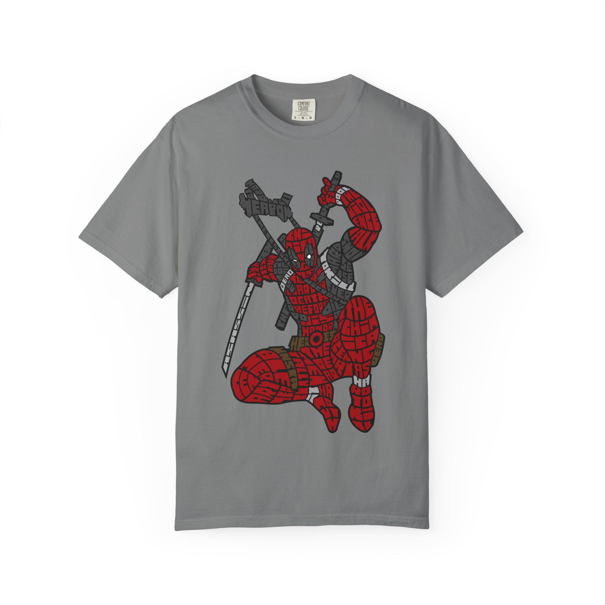 Graphic T-Shirt — Red Webbed Superhero Kneeling Illustration