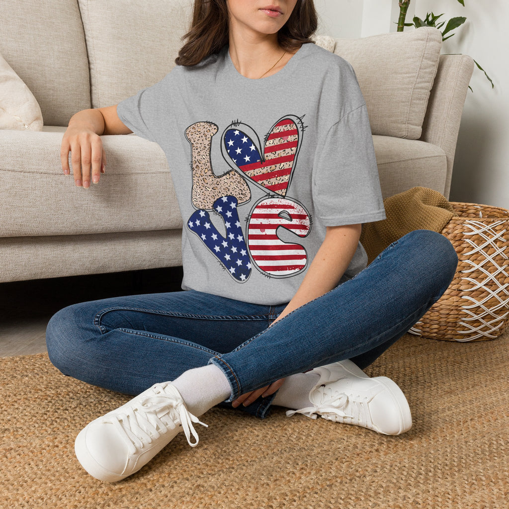 Patriotic LOVE Heart T-Shirt — American Flag & Leopard Print Graphic