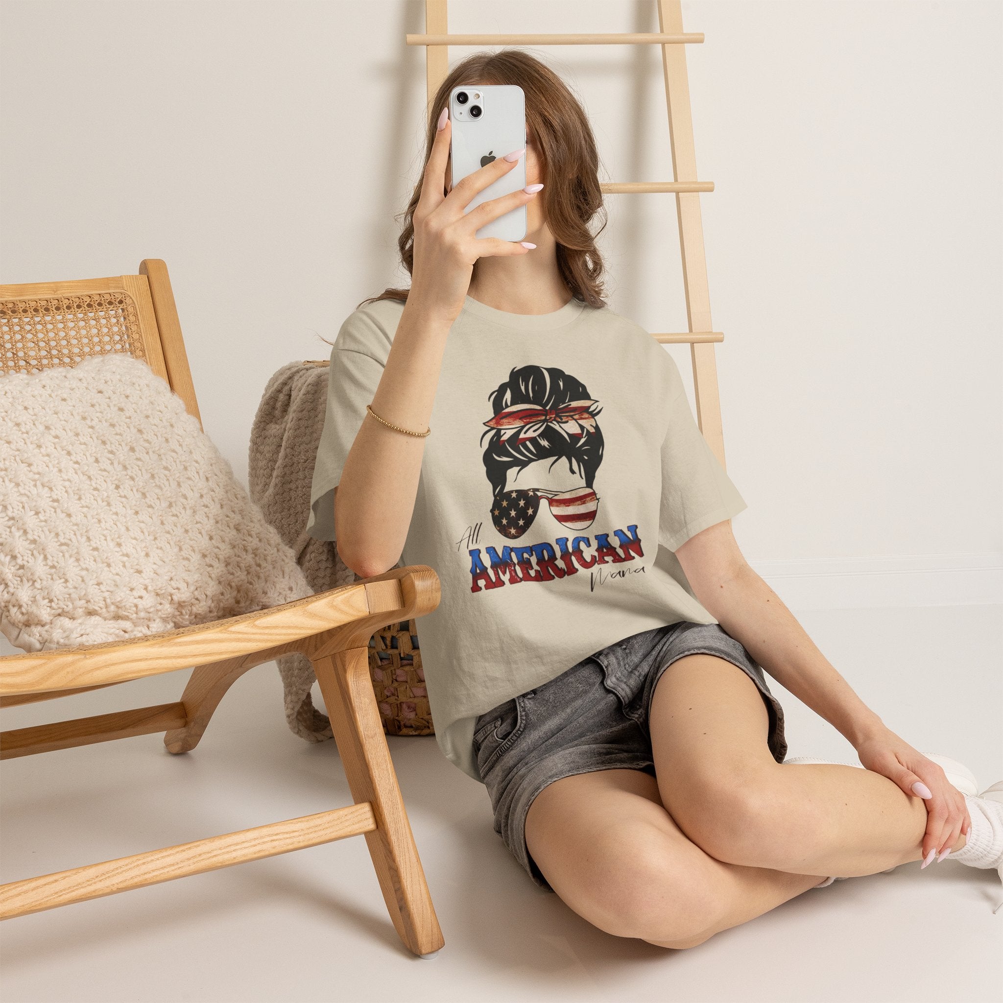 American Flag Messy Bun T-Shirt — "All American" Patriotic Tee