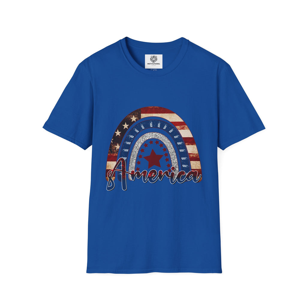 Patriotic American Rainbow T-Shirt — 'America' Stars & Stripes Graphic