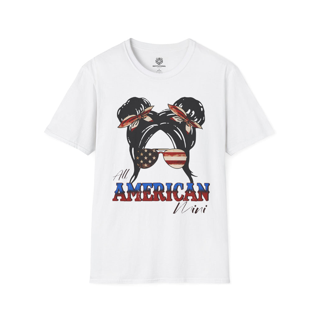 Patriotic Messy Bun T-Shirt — American Flag Hairband & Sunglasses Graphic