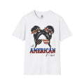 Patriotic Messy Bun T-Shirt — American Flag Hairband & Sunglasses Graphic