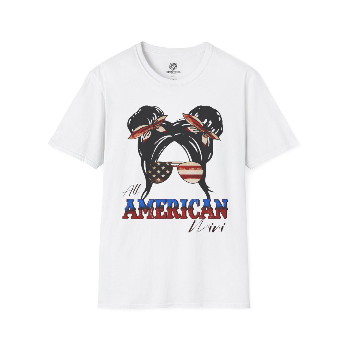 Patriotic Messy Bun T-Shirt — American Flag Hairband & Sunglasses Graphic