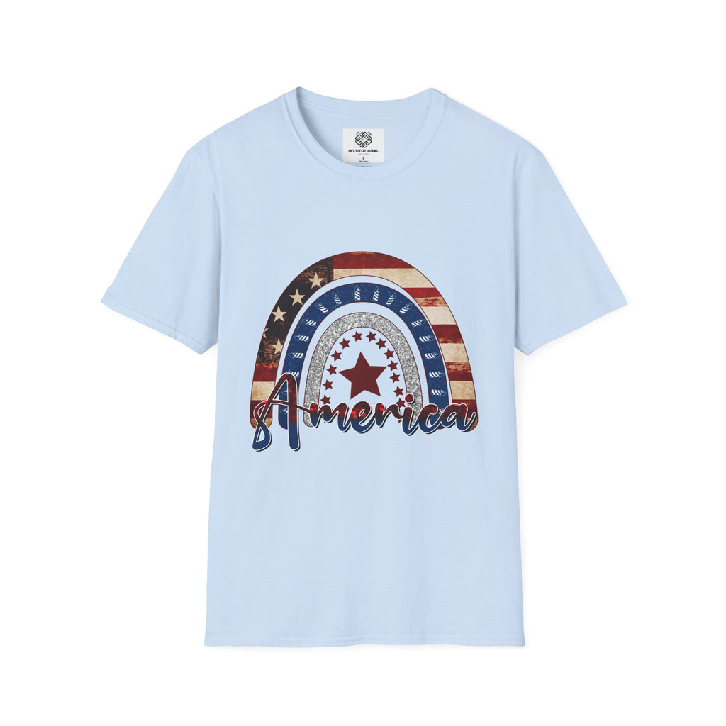 Patriotic American Rainbow T-Shirt — 'America' Stars & Stripes Graphic