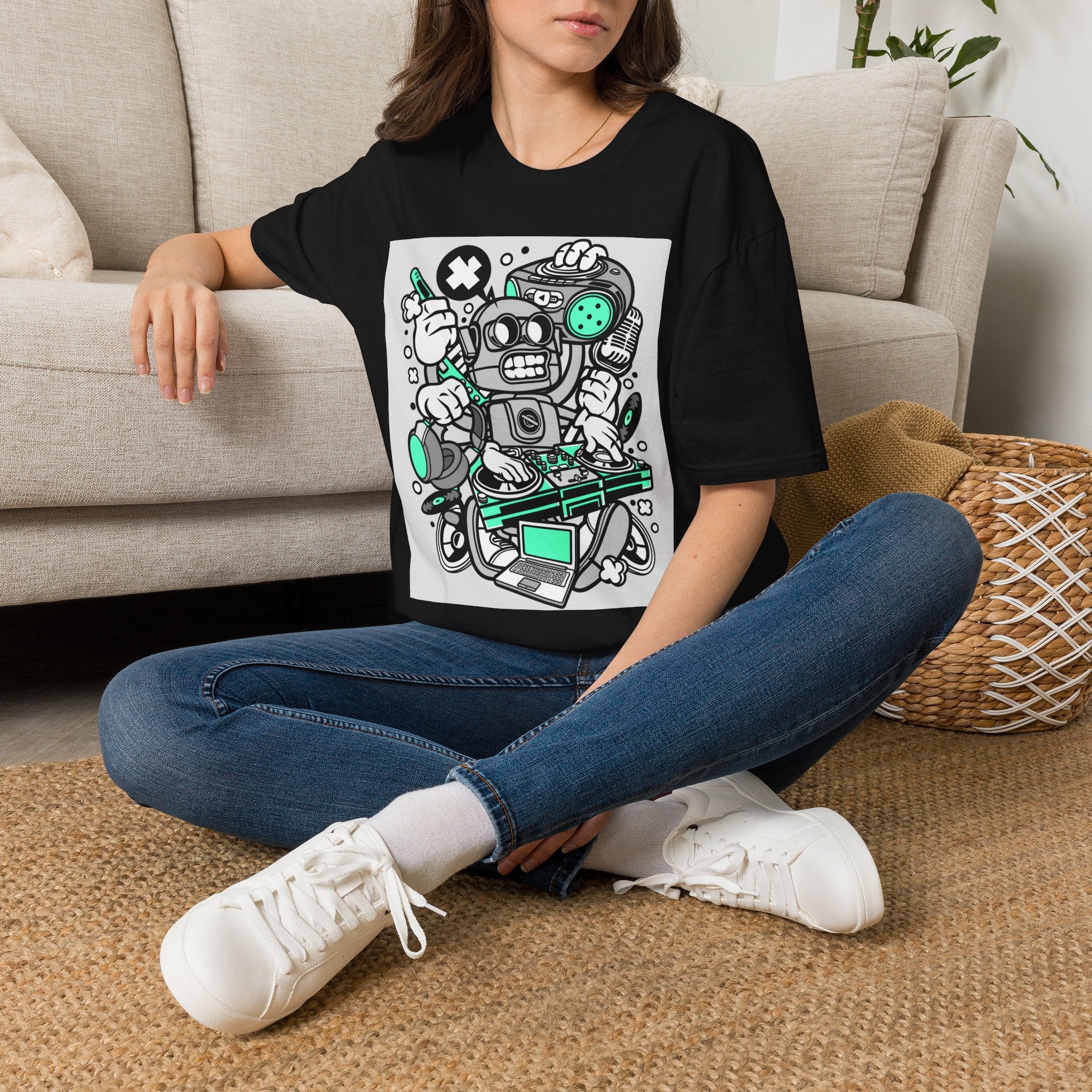 Retro Robot Graphic T-Shirt — Techy Cartoon Tee with 'X' & Circuit Design