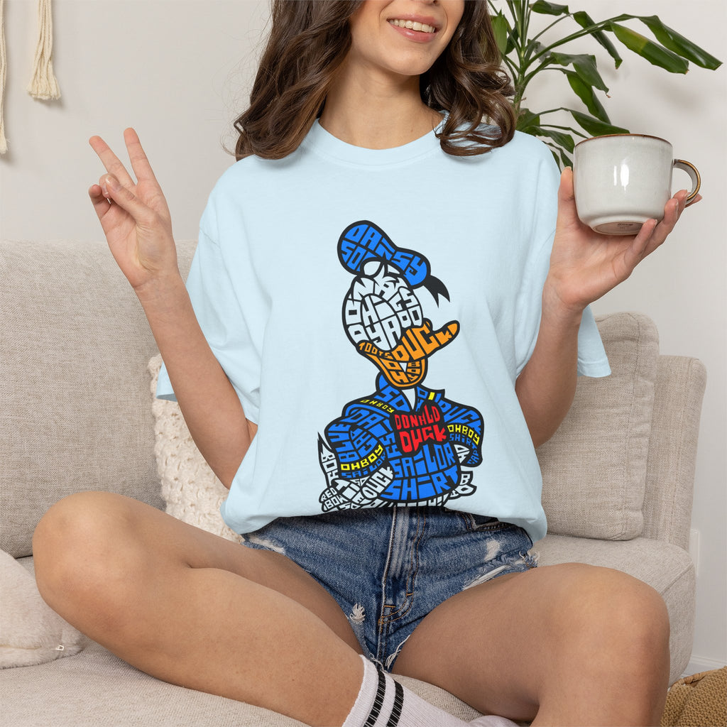 Graphic T‑Shirt — Colorblock Word Art Cartoon Duck Design