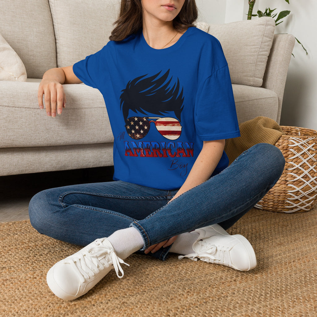 American Boy Graphic T-Shirt — Patriotic Sunglasses & Flag Hair Tee