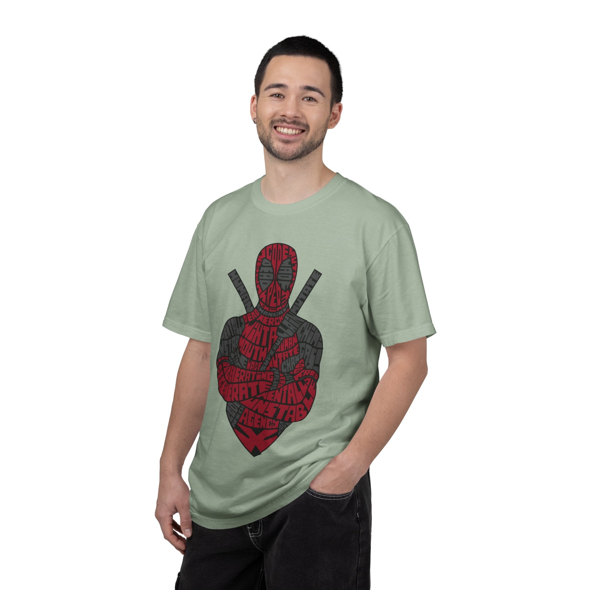 Graphic T-Shirt — Red Text Portrait Superhero Design