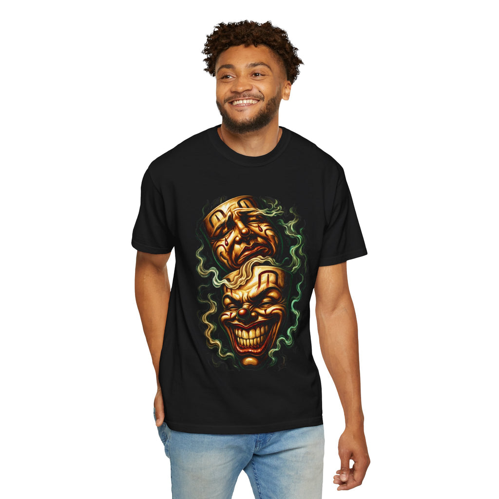 Horror Comedy Mask T-Shirt — Twin Smiling & Crying Faces Graphic Tee