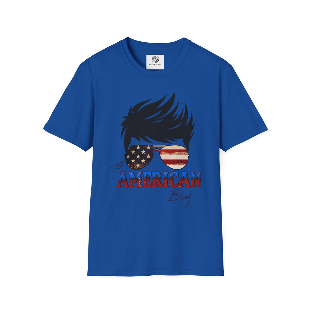 American Boy Graphic T-Shirt — Patriotic Sunglasses & Flag Hair Tee