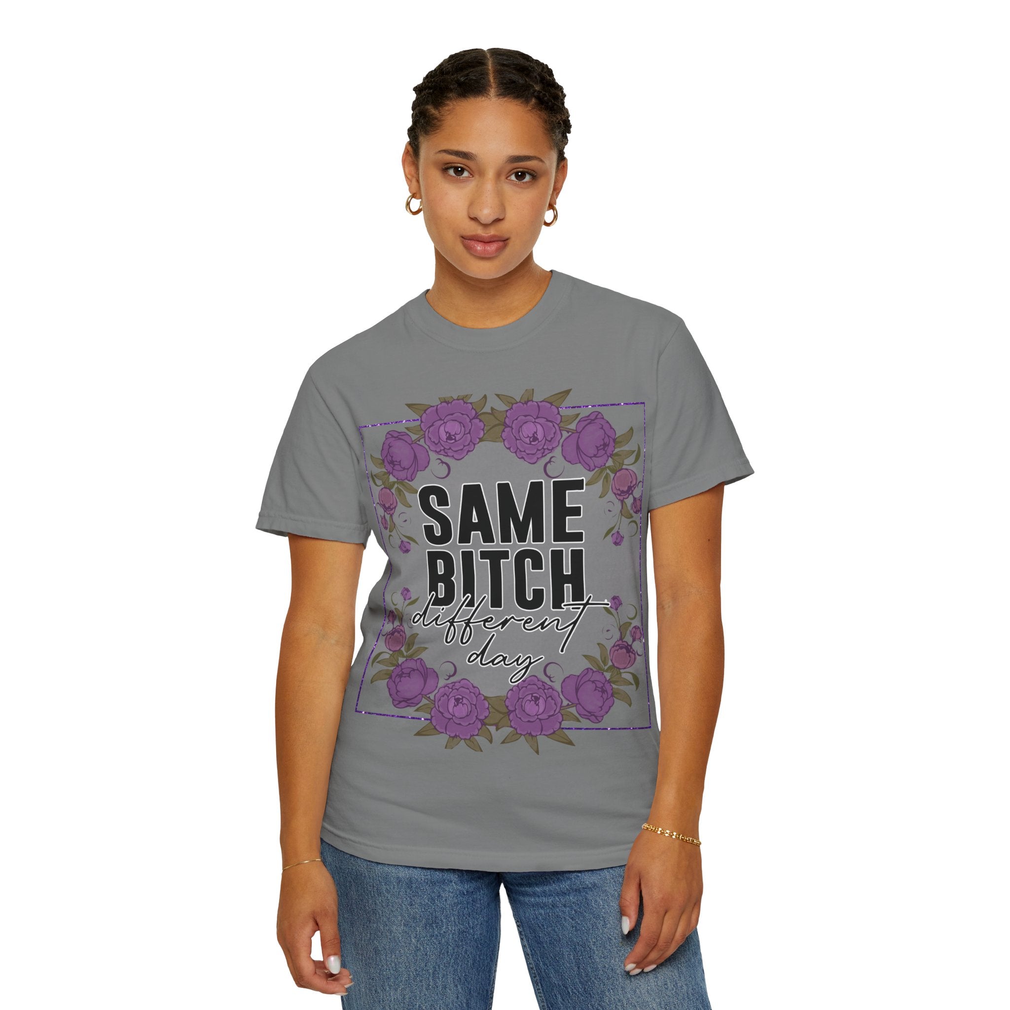 Same Bitch Different Day T-Shirt — Floral Purple Rose Graphic Tee